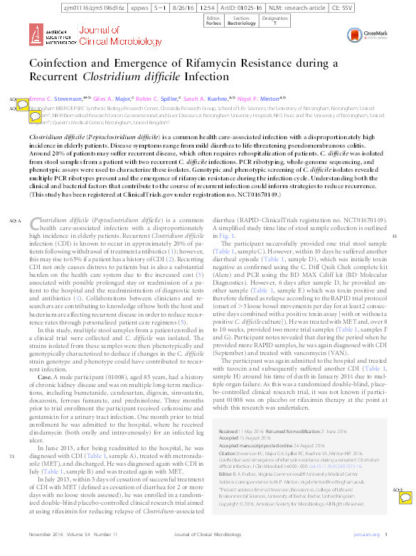 Coinfection and Emergence of Rifamycin Resistance during a Recurrent Clostridium difficile Infection Thumbnail