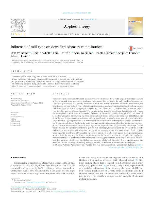 Influence of mill type on densified biomass comminution Thumbnail