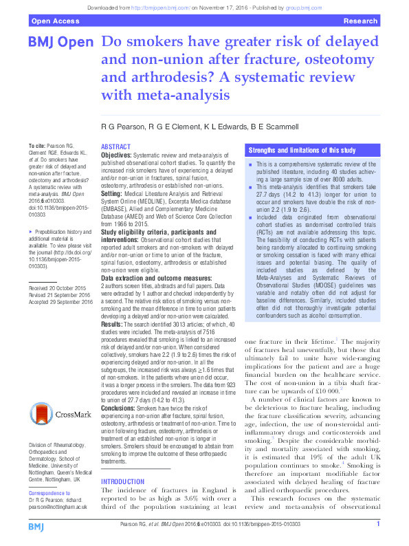 Do smokers have greater risk of delayed and non-union after fracture, osteotomy and arthrodesis?: a systematic review with meta-analysis Thumbnail