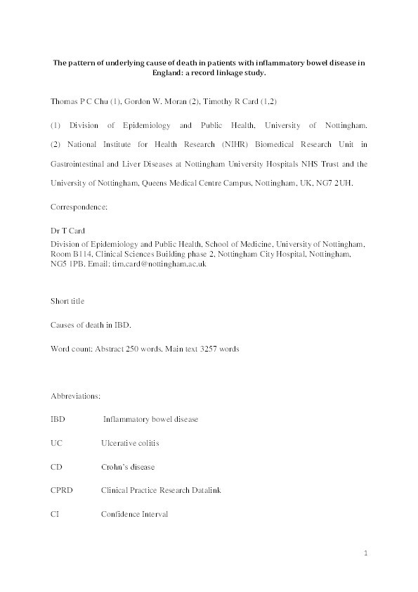 The Pattern of Underlying Cause of Death in Patients with Inflammatory Bowel Disease in England: A Record Linkage Study Thumbnail