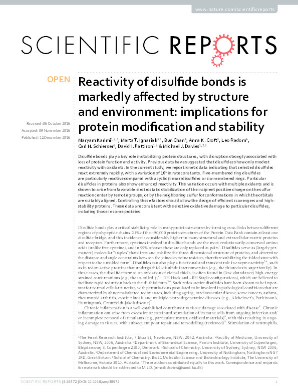 Reactivity of disulfide bonds is markedly affected by structure and environment: implications for protein modification and stability Thumbnail