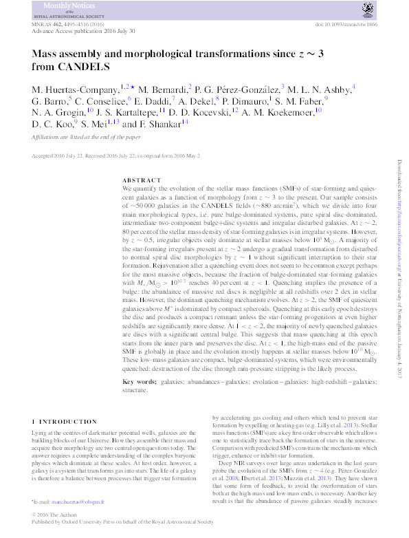 Mass assembly and morphological transformations since z∼ 3 from CANDELS Thumbnail