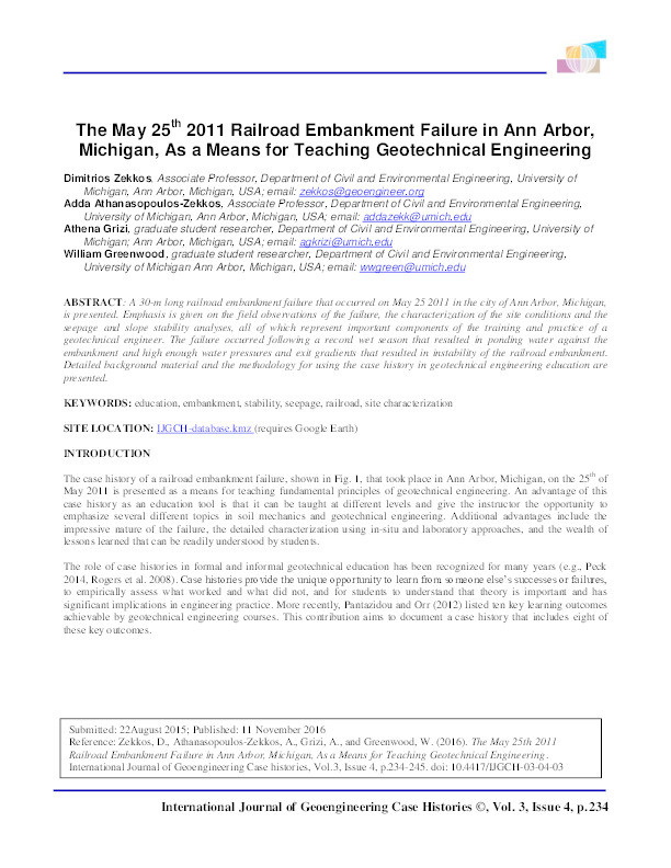 The May 25th 2011 railroad embankment failure in Ann Arbor, Michigan, as a means for teaching geotechnical engineering Thumbnail