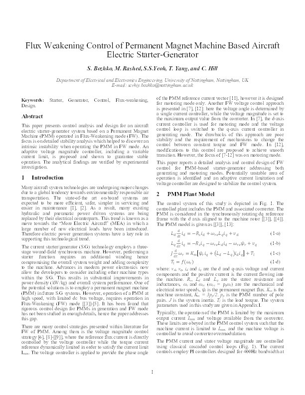 Flux weakening control of Permanent Magnet Machine based aircraft electric starter-generator Thumbnail