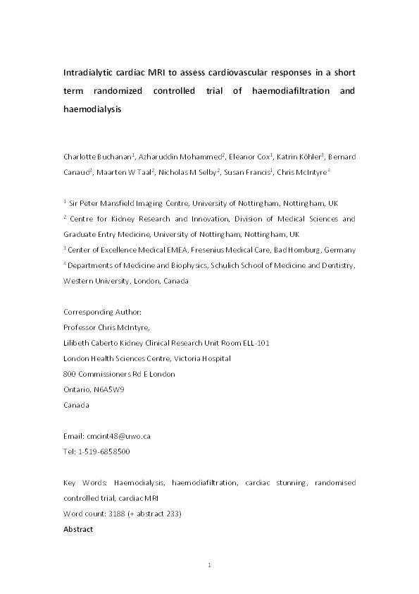 Intradialytic Cardiac Magnetic Resonance Imaging to Assess Cardiovascular Responses in a Short-Term Trial of Hemodiafiltration and Hemodialysis Thumbnail