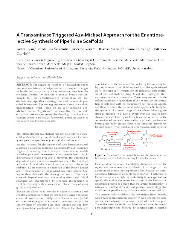 Transaminase triggered aza-Michael approach for the enantioselective synthesis of piperidine scaffolds Thumbnail