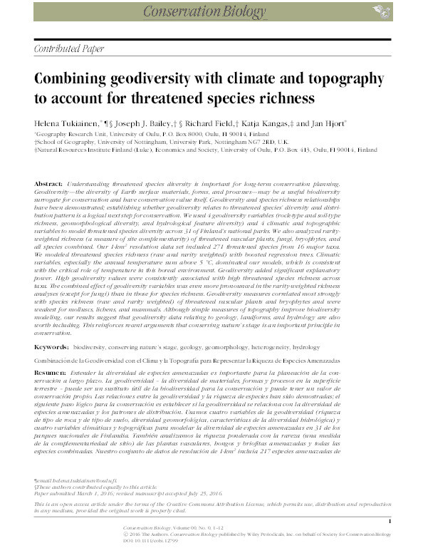 Combining geodiversity with climate and topography to account for threatened species richness Thumbnail