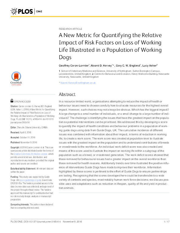 A New Metric for Quantifying the Relative Impact of Risk Factors on Loss of Working Life Illustrated in a Population of Working Dogs Thumbnail