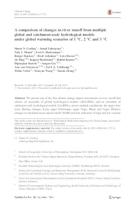 A comparison of changes in river runoff from multiple global and catchment-scale hydrological models under global warming scenarios of 1°C, 2°C and 3°C Thumbnail