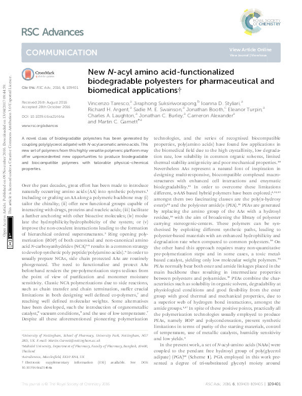 New N-acyl amino acid-functionalized biodegradable polyesters for pharmaceutical and biomedical applications Thumbnail