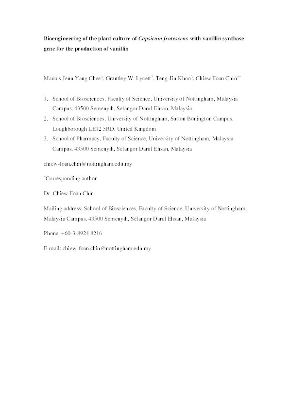 Bioengineering of the plant culture of Capsicum frutescens with vanillin synthase gene for the production of vanillin Thumbnail