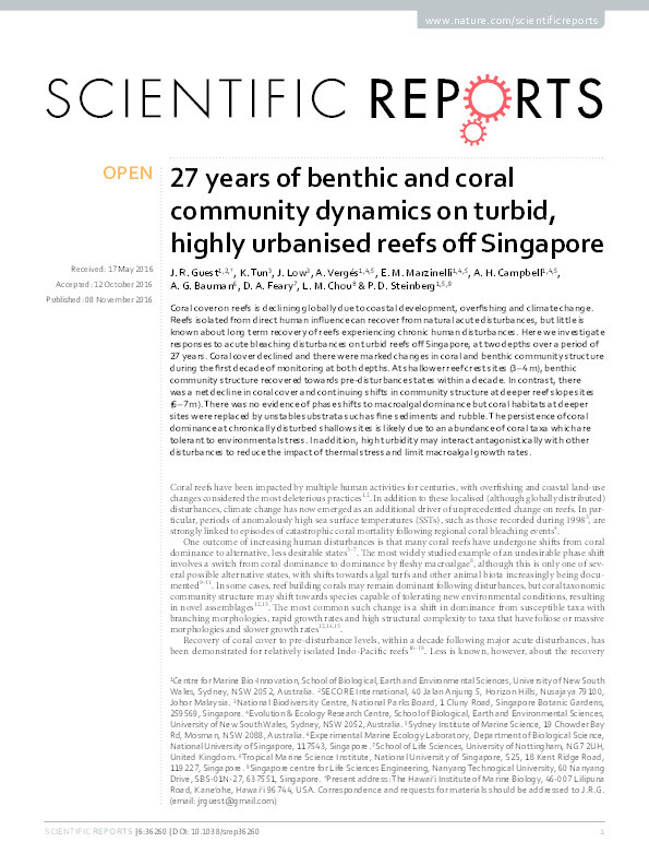27 years of benthic and coral community dynamics on turbid, highly urbanised reefs off Singapore Thumbnail