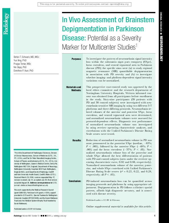In Vivo Assessment of Brainstem Depigmentation in Parkinson Disease:                     Potential as a Severity Marker for Multicenter Studies Thumbnail
