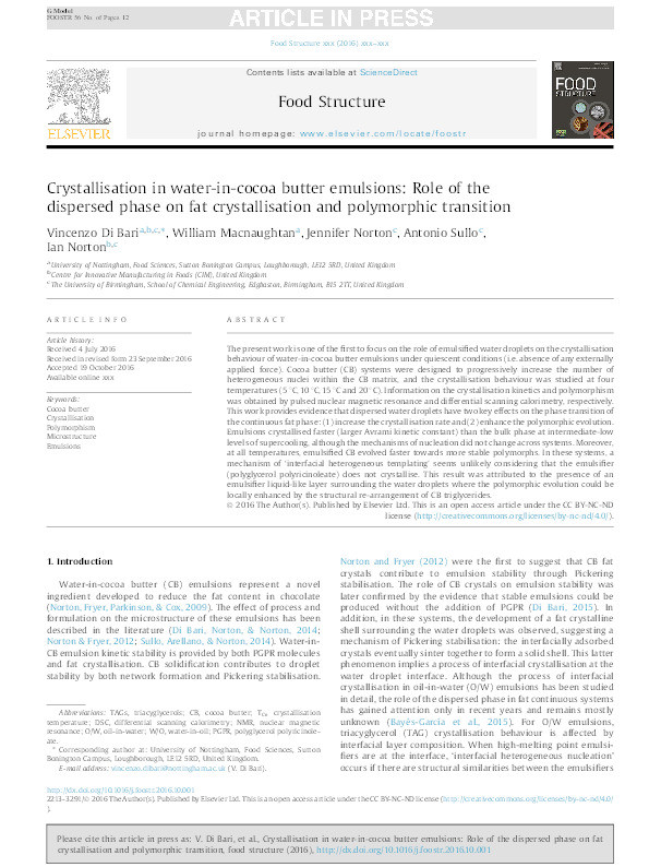 Crystallisation in water-in-cocoa butter emulsions: role of the dispersed phase on fat crystallisation and polymorphic transition Thumbnail