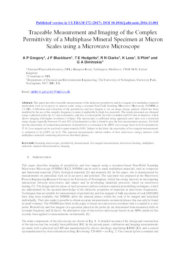 Traceable measurement and imaging of the complex permittivity of a multiphase mineral specimen at micron scales using a microwave microscope Thumbnail