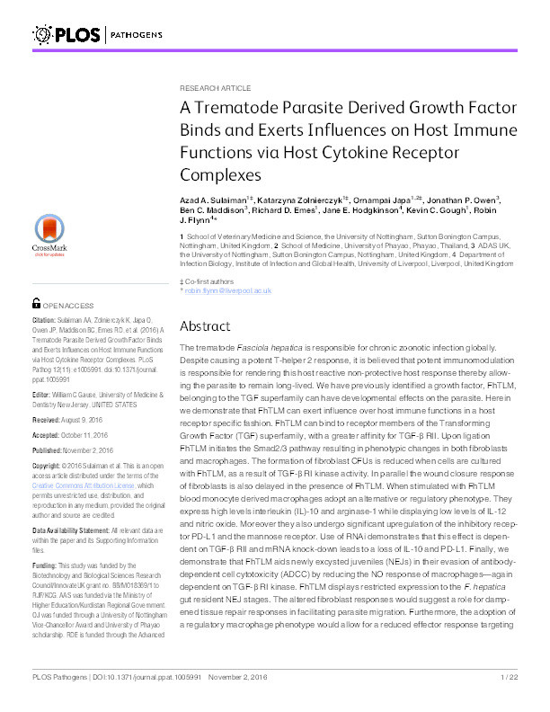 A Trematode Parasite Derived Growth Factor Binds and Exerts Influences on Host Immune Functions via Host Cytokine Receptor Complexes Thumbnail