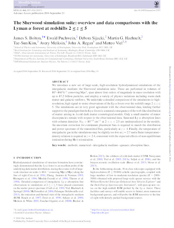 The Sherwood simulation suite: overview and data comparisons with the Lyman-α forest at redshifts 2≤z≤5 Thumbnail