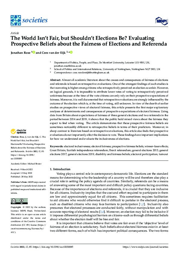 The World Isn’t Fair, but Shouldn’t Elections Be? Evaluating Prospective Beliefs about the Fairness of Elections and Referenda Thumbnail