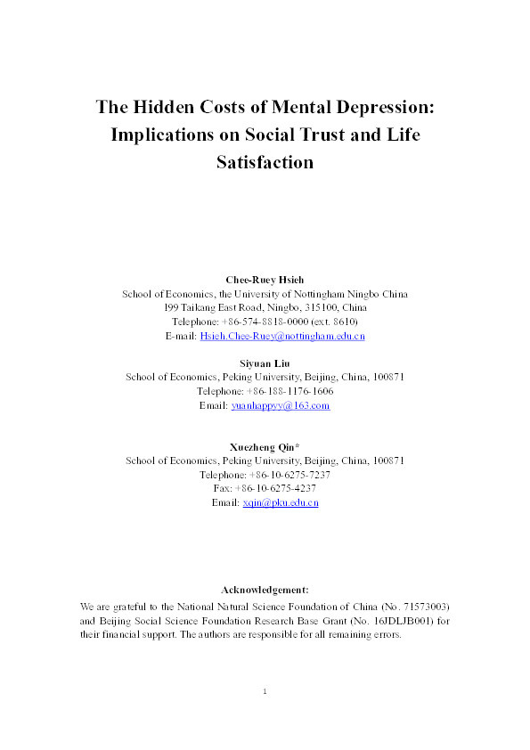 The hidden costs of mental depression: implications on social trust and life satisfaction Thumbnail