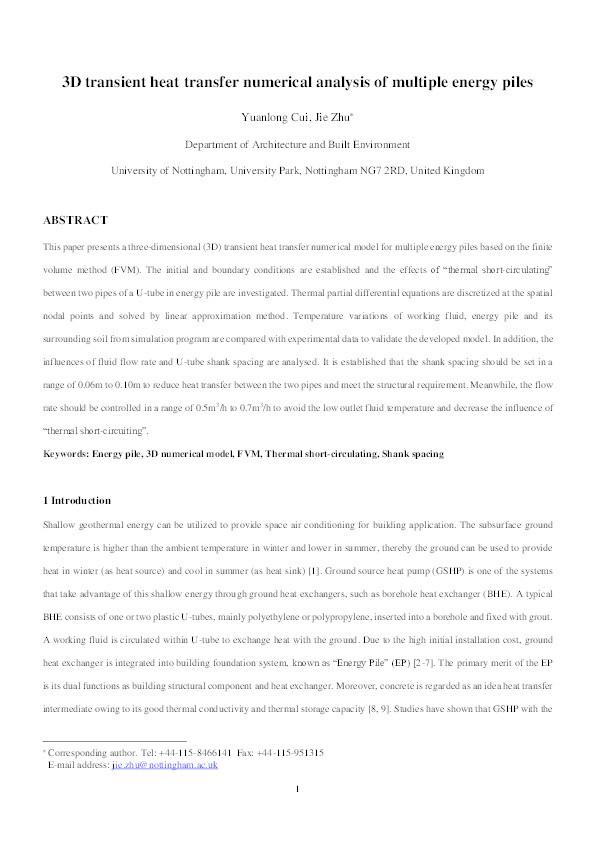 3D transient heat transfer numerical analysis of multiple energy piles Thumbnail