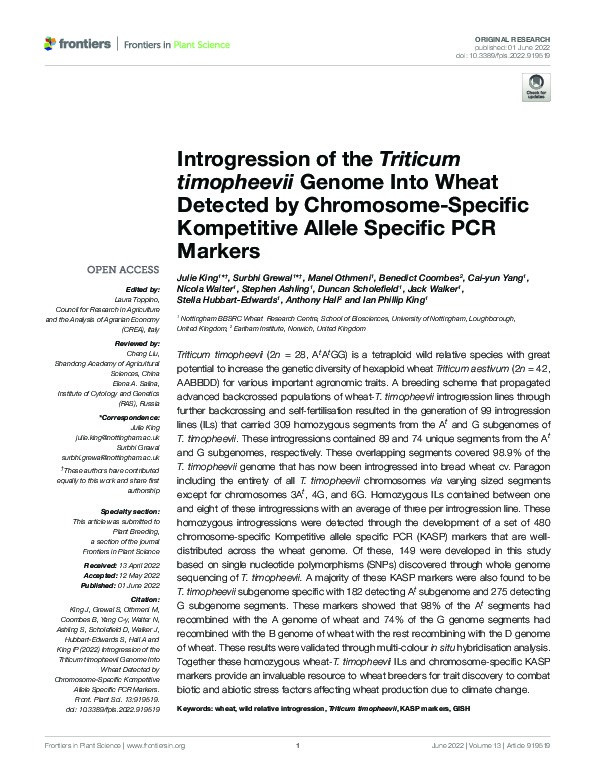 Introgression of the Triticum timopheevii Genome Into Wheat Detected by Chromosome-Specific Kompetitive Allele Specific PCR Markers Thumbnail
