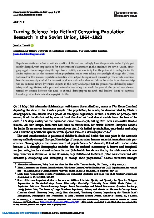 Turning Science into Fiction? Censoring Population Research in the Soviet Union, 1964–1982 Thumbnail