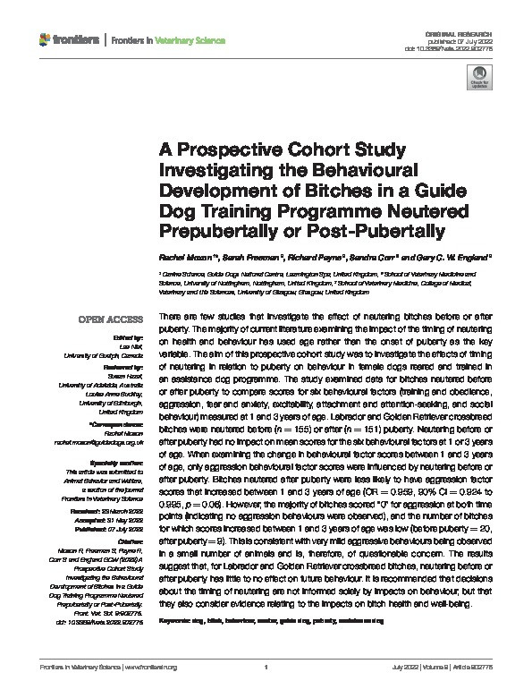 A Prospective Cohort Study Investigating the Behavioural Development of Bitches in a Guide Dog Training Programme Neutered Prepubertally or Post-Pubertally Thumbnail