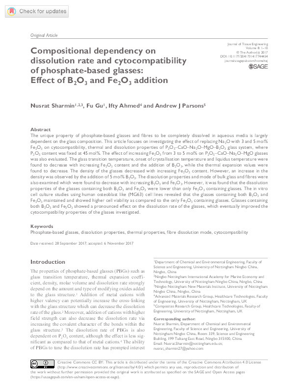 Compositional dependency on dissolution rate and cytocompatibility of phosphate-based glasses: effect of B2O3 and Fe2O3 addition Thumbnail