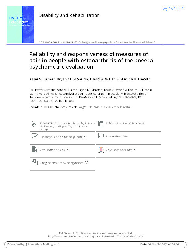 Reliability and responsiveness of measures of pain in people with osteoarthritis of the knee: a psychometric evaluation Thumbnail