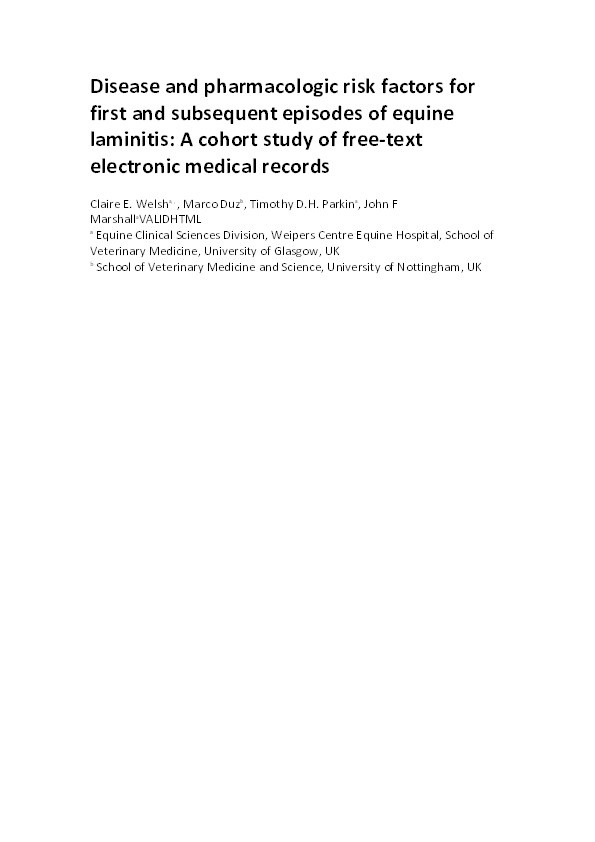 Disease and pharmacologic risk factors for first and subsequent episodes of equine laminitis: a cohort study of free-text electronic medical records Thumbnail