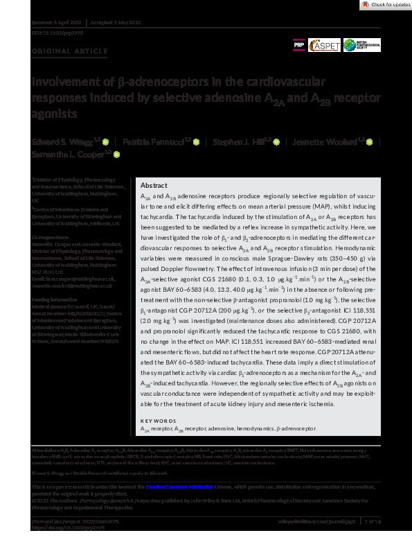 Involvement of β-adrenoceptors in the cardiovascular responses induced by selective adenosine A2A and A2B receptor agonists Thumbnail