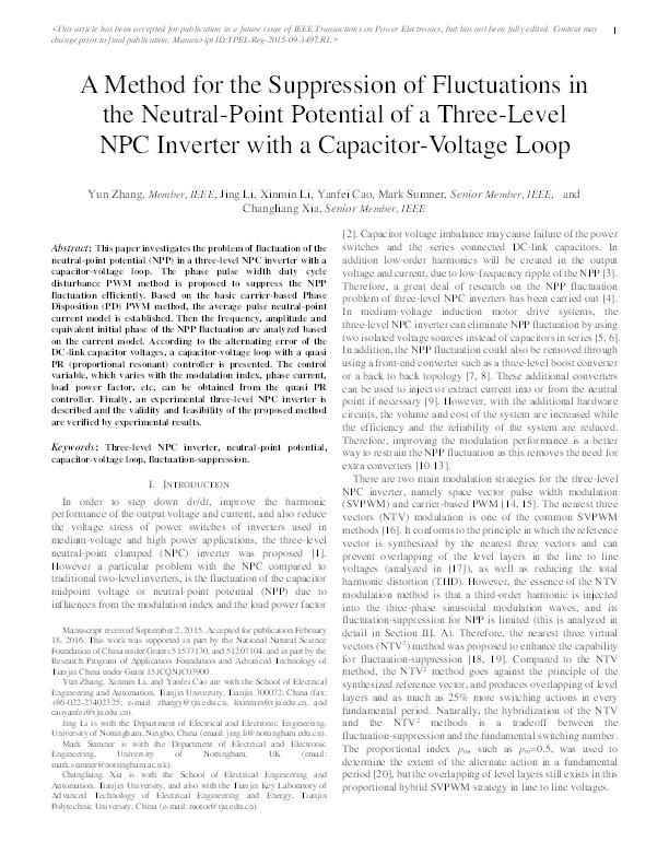 A method for the suppression of fluctuations in the neutral-point potential of a three-level NPC inverter with a capacitor-voltage loop Thumbnail