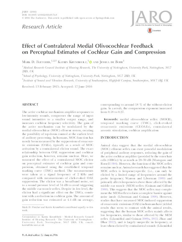 Effect of contralateral medial olivocochlear feedback on perceptual estimates of cochlear gain and compression Thumbnail