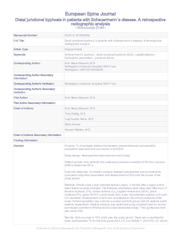 Distal junctional kyphosis in patients with Scheuermann’s disease: a retrospective radiographic analysis Thumbnail