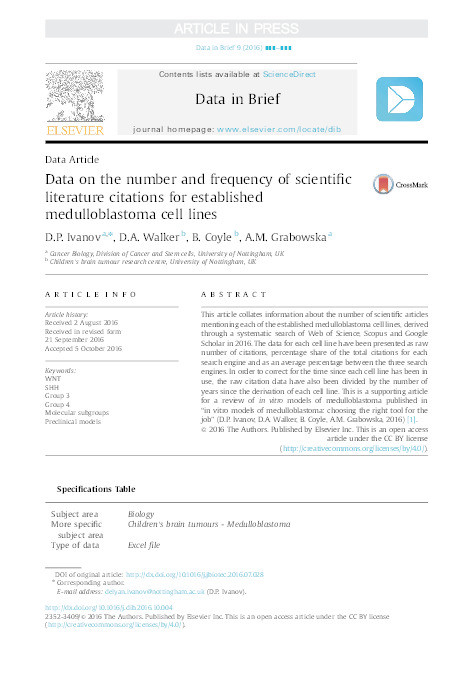 Data on the number and frequency of scientific literature citations for established medulloblastoma cell lines Thumbnail