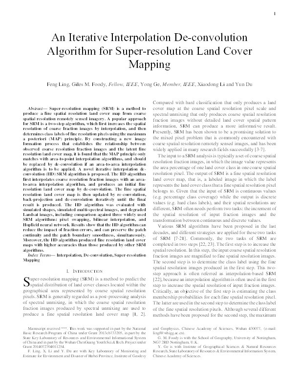An iterative interpolation deconvolution algorithm for superresolution land cover mapping Thumbnail