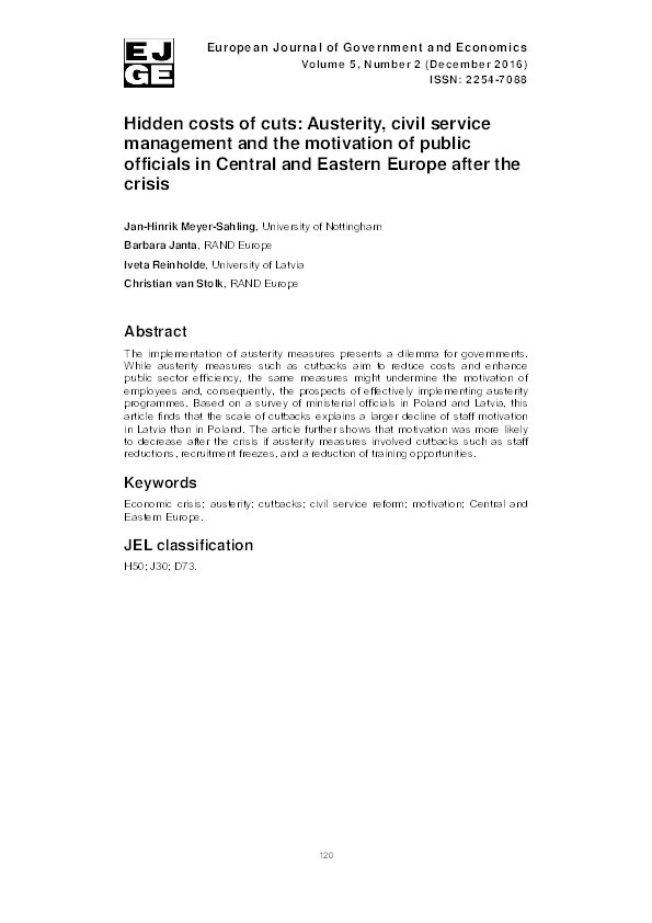 Hidden costs of cuts: austerity, civil service management and the motivation of public officials in Central and Eastern Europe after the crisis Thumbnail