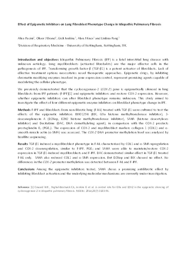 Effect of epigenetic inhibitors on lung fibroblast phenotype change in idiopathic pulmonary fibrosis Thumbnail