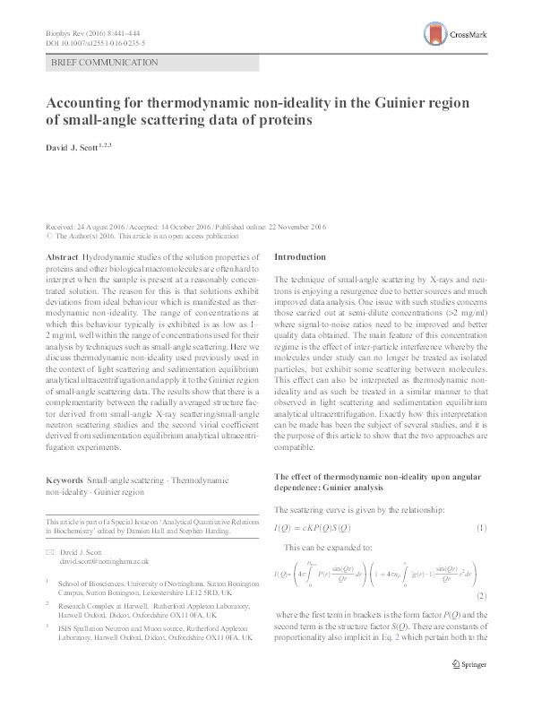 Accounting for thermodynamic non-ideality in the Guinier region of small-angle scattering data of proteins Thumbnail