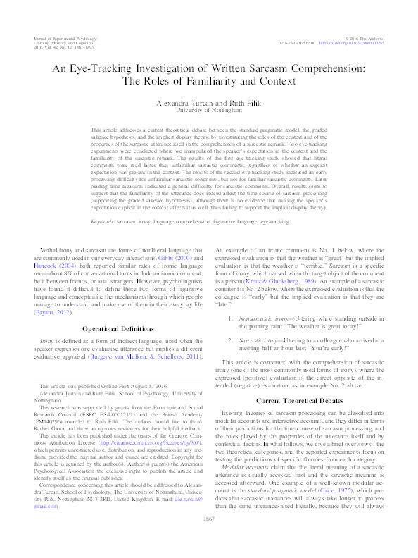 An eye-tracking investigation of written sarcasm comprehension: the roles of familiarity and context Thumbnail