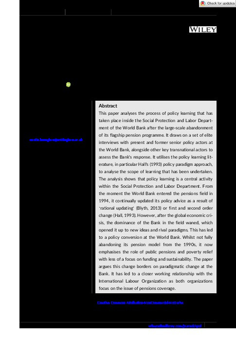 Social policy learning inside the World Bank: The case of multi‐pillar pension reform Thumbnail