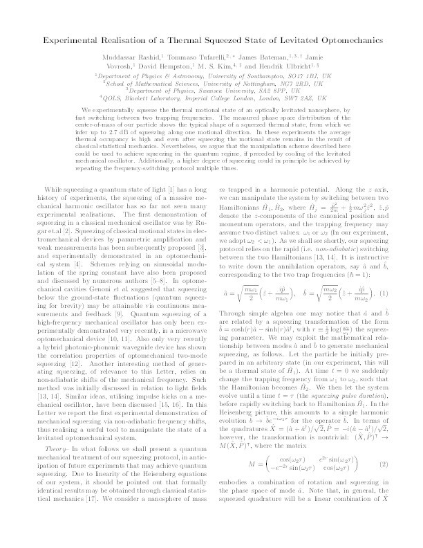 Experimental realization of a thermal squeezed state of levitated optomechanics Thumbnail