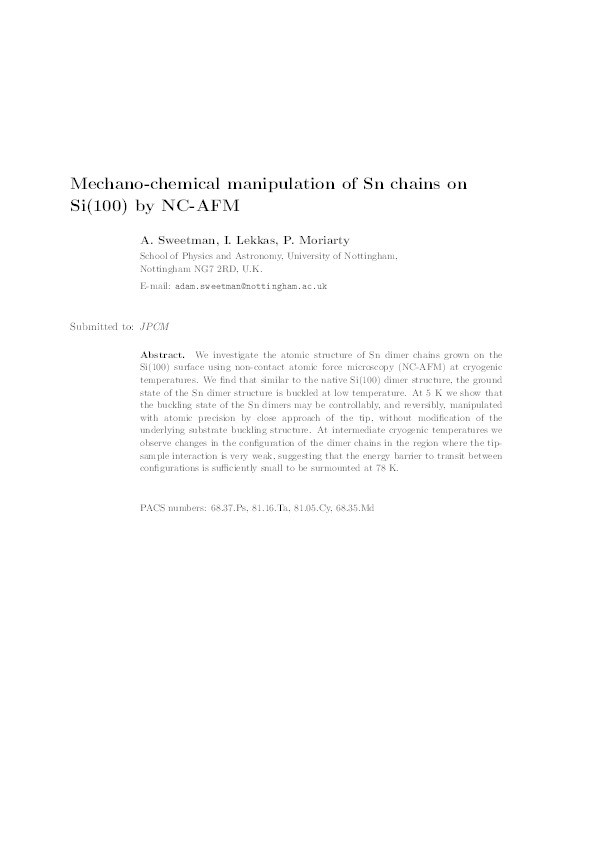 Mechano-chemical manipulation of Sn chains on Si(1 0 0) by NC-AFM Thumbnail