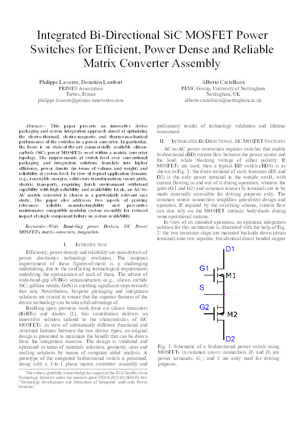 Integrated bi-directional SiC MOSFET power switches for efficient, power dense and reliable matrix converter assembly Thumbnail