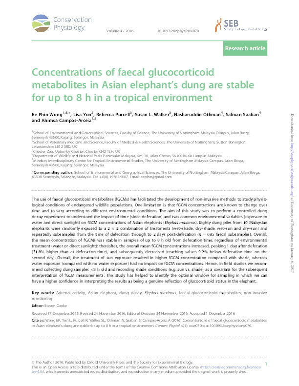 Concentrations of faecal glucocorticoid metabolites in Asian elephant's dung are stable for up to 8 h in a tropical environment Thumbnail