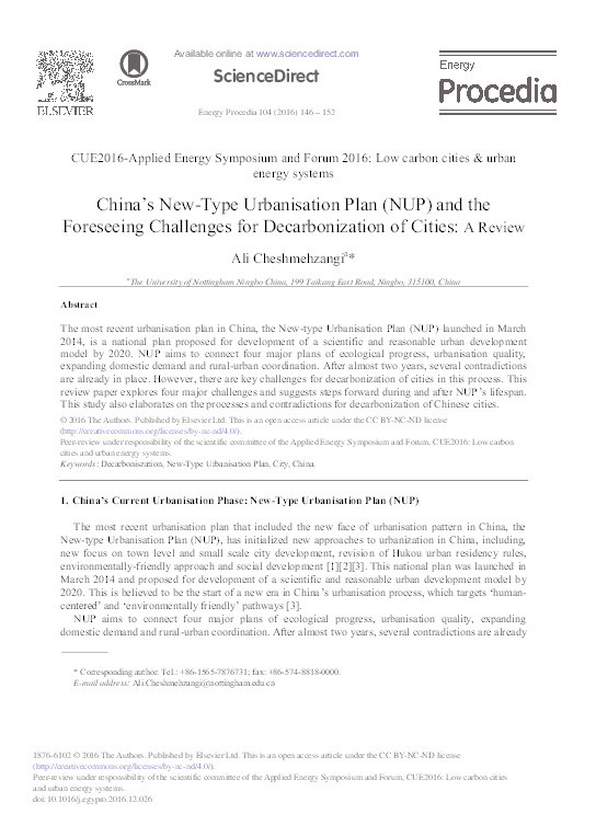 China's New-Type Urbanisation Plan (NUP) and the foreseeing challenges for decarbonization of cities: a review Thumbnail