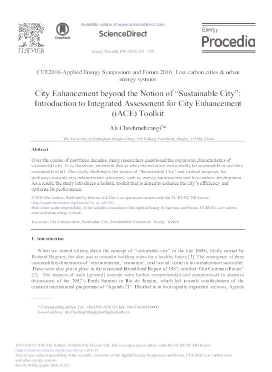 City enhancement beyond the notion of “sustainable city”: introduction to integrated assessment for city enhancement (iACE) toolkit Thumbnail