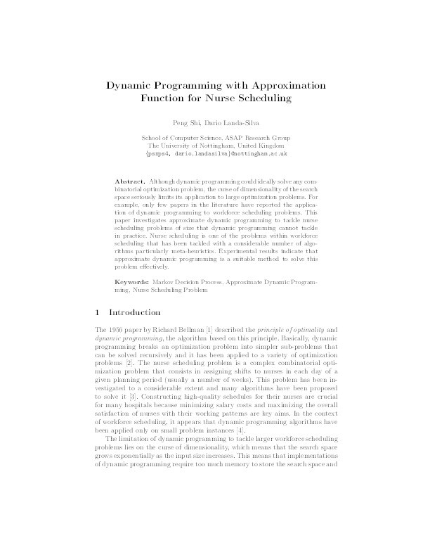 Dynamic programming with approximation function for nurse scheduling Thumbnail