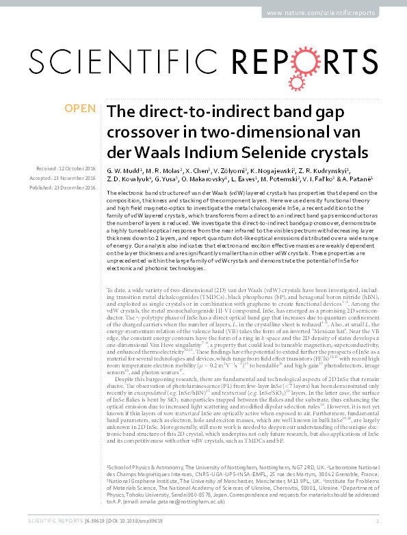 The direct-to-indirect band gap crossover in two-dimensional van der Waals Indium Selenide crystals Thumbnail