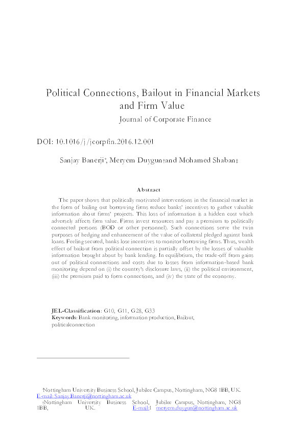 Political connections, bailout in financial markets and firm value Thumbnail